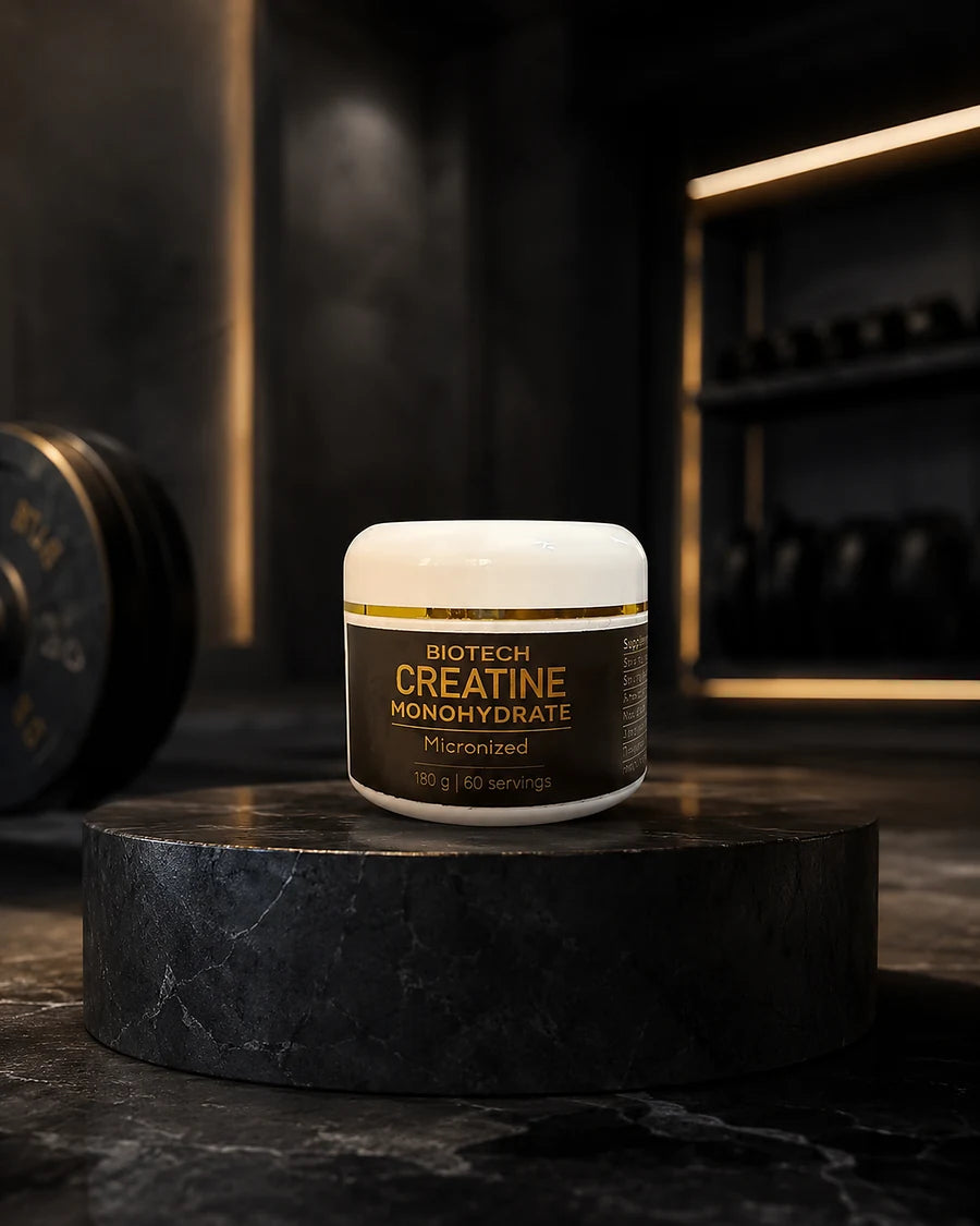 BioTech Creatine Monohydrate Micronized 180 g sur socle noir dans un environnement gym premium
