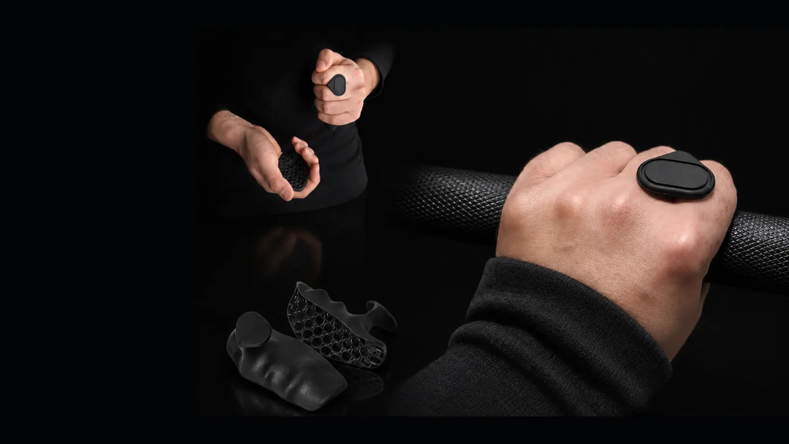 Photo de référence réelle du grip anti-dérapant : protection dans la paume et ancrage ovale visible sur le dos de la main
