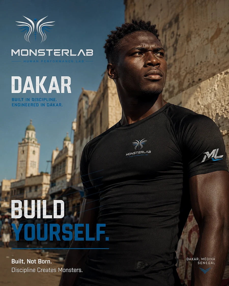 MonsterLab Men Collection — athlète en tenue performance dans les rues de Dakar