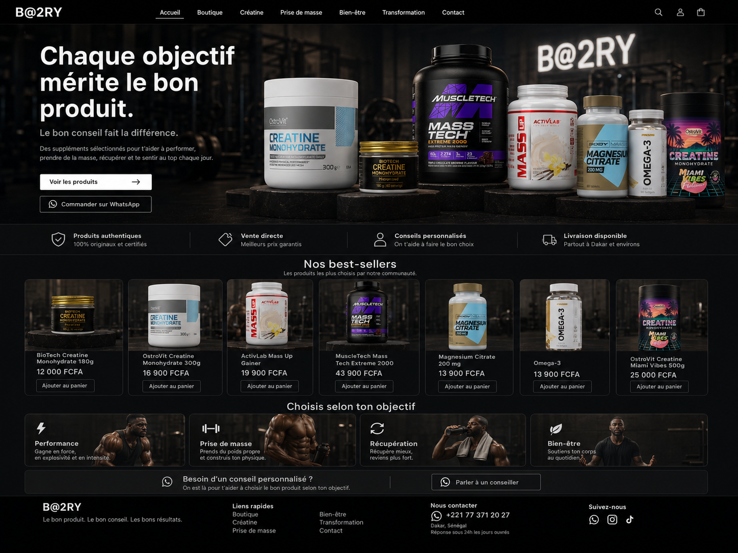 Boutique B@2RY avec produits de nutrition dans une ambiance gym premium